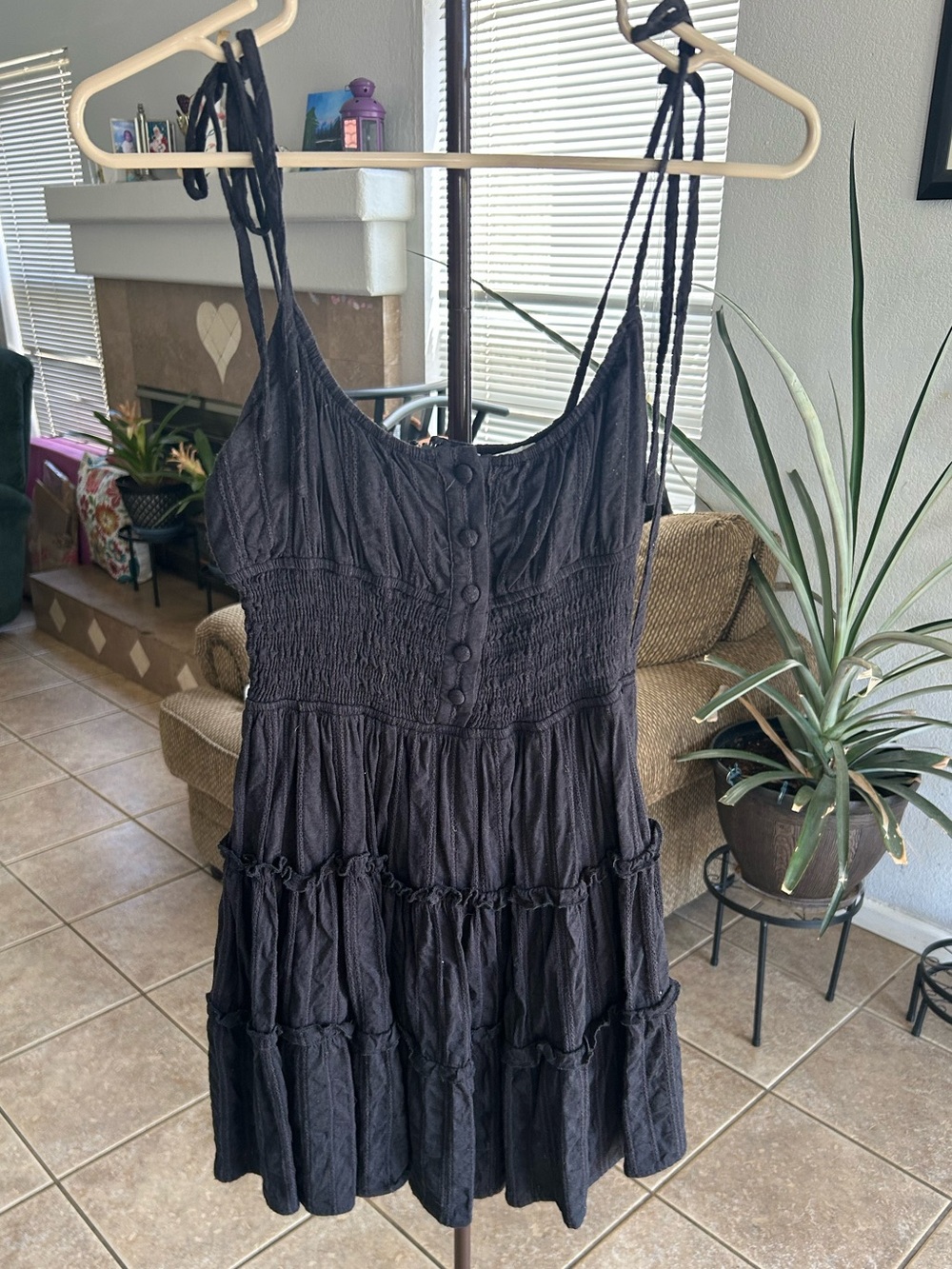 Emory Park Black Tiered Smocked Mini Dress with Button Front